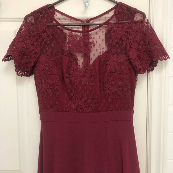 Burgundy Lace Bodice Maxi Dress with Cap Sleeves and Leg Slit from Maniju - Picture 2 of 12